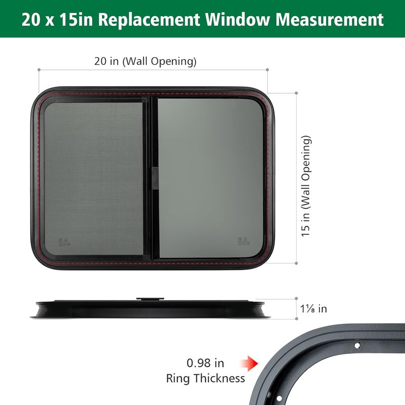 Dulepax نافذة RV أفقية، 20" عرض x 15" ارتفاع نافذة مقطورة مظللة منزل متنقل، استبدال نافذة زجاجية مقواة مع شبكة و حلقة تزيين، معتمدة من DOT - Image 2